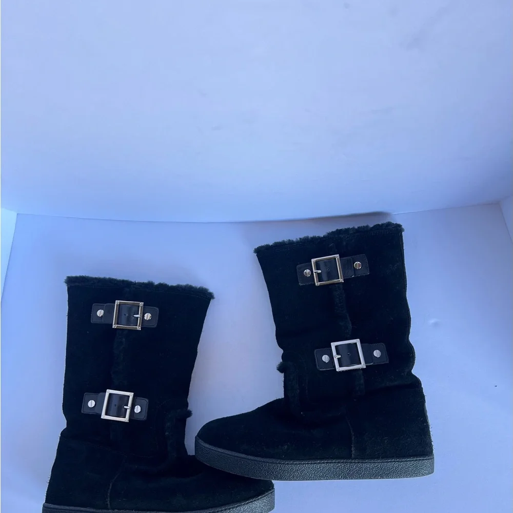 Tory Burch Black Suede Shearling-Lined‎ Buckle Ankle Boots